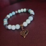 Amazonite and labradorite hearth charm bracelet, with glossy blue-grey stones.