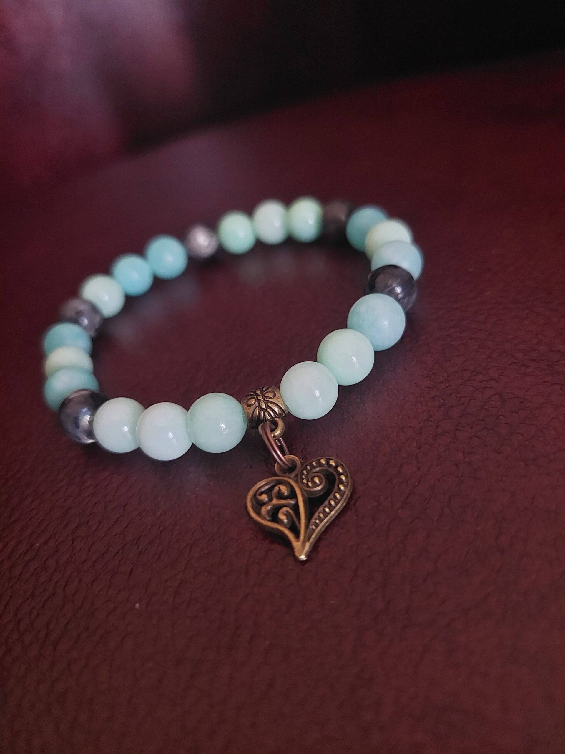 Inner Compass – Amazonite & Labradorite Bracelet Amazonite and labradorite hearth charm bracelet, with glossy blue-grey stones.